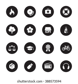black flat safety and miscellaneous icon set on circle for web design, user interface (UI), infographic and mobile application (apps)