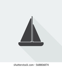 Black flat Sailboat icon with long shadow on white background