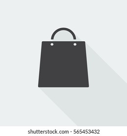 Black flat Shopping Bag icon with long shadow on white background