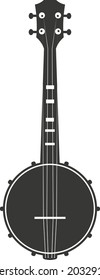 Black flat silhouette of a banjo. Vector illustration of a handmade banjo. A musical stringed instrument. The image is isolated on a white background.