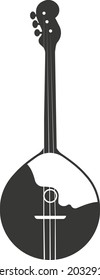 Black flat silhouette of a domra with strings. Handmade vector illustration of domra. A musical stringed plucked instrument. The image is isolated on a white background.