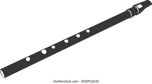 Black flat silhouette of a flute. Vector illustration of a handmade flute. A musical wind instrument. The image is isolated on a white background.