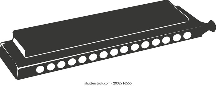 Black flat silhouette of a harmonica for music. Vector illustration of a handmade harmonica. A musical wind instrument. The image is isolated on a white background.