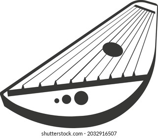 Black flat silhouette of a harp with taut strings. Vector illustration of handmade gusli. A musical stringed plucked instrument. The image is isolated on a white background.