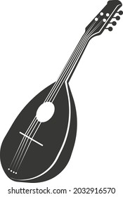 Black flat silhouette of a mandolin. Vector illustration of a handmade mandolin. A musical stringed instrument. The image is isolated on a white background.