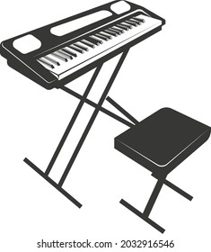 Black flat silhouette of a synthesizer with a chair. Vector illustration of a handmade synthesizer. A musical keyboard instrument. The image is isolated on a white background.