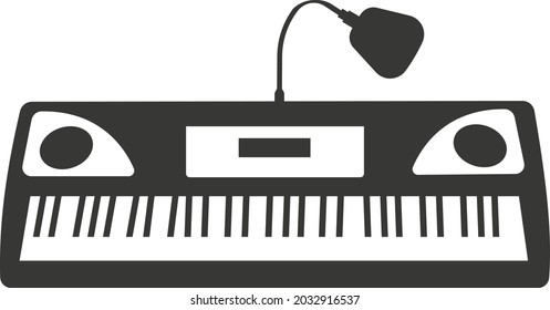 A black flat silhouette synthesizer with a microphone. Vector illustration of a handmade synthesizer. A musical keyboard instrument. The image is isolated on a white background.