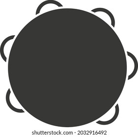 Black flat silhouette of a tambourine with metal plates. Vector illustration of a handmade tambourine. A musical percussion instrument. The image is isolated on a white background.