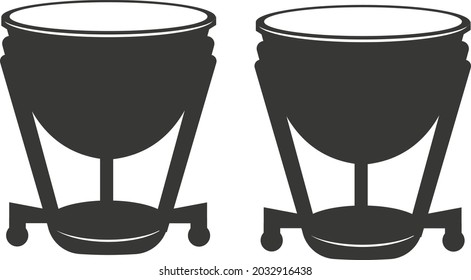 Black flat silhouette of timpani. Vector illustration of handmade timpani. A musical percussion instrument. The image is isolated on a white background.