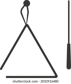 Black flat silhouette of a triangle with a metal stick. Vector illustration of a handmade trenzel. A musical percussion instrument. The image is isolated on a white background.