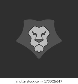 Black flat simple icon style line art. Outline symbol with stylized image of a head of a wild animal lion, leo. Stroke vector logo mono linear pictogram web graphics. On a gray background.