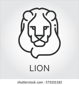 Black flat simple icon style line art. Outline symbol with stylized image of a head of a wild animal lion, leo. Stroke vector logo mono linear pictogram web graphics. On a gray background.