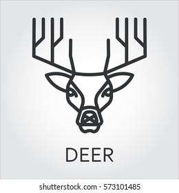 Black flat simple icon style line art. Outline symbol with stylized image of a head of a wild animal deer reyndeer. Stroke vector logo mono linear pictogram web graphics. On a gray background.