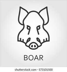 Black flat simple icon style line art. Outline symbol with stylized image of a head of a wild animal boar, aper. Stroke vector logo mono linear pictogram web graphics. On a gray background.