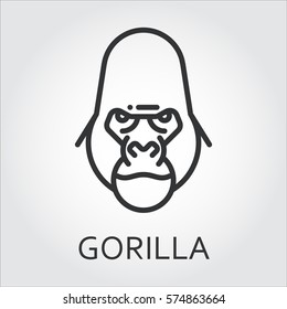 Black flat simple icon style line art. Outline symbol with stylized image of a head of a wild animal ape, gorilla. Stroke vector logo mono linear pictogram web graphics. On a gray background.