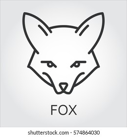 Black flat simple icon style line art. Outline symbol with stylized image of a head of a wild animal fox, she-fox. Stroke vector logo mono linear pictogram web graphics. On a gray background.