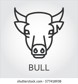 Black flat simple icon style line art. Outline symbol with stylized image of a head of a wild animal bull cow. Stroke vector logo mono linear pictogram web graphics. On a gray background.