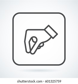 Black flat simple icon style line art. Outline symbol with stylized image of a gesture hand of a human give in a square with rounded corners. Stroke vector logo mono linear pictogram graphics.