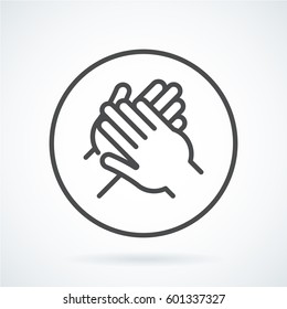 Black flat simple icon style line art. Outline symbol with stylized image of a gesture hand of a human applause, bravo in circumference. Stroke vector logo mono linear pictogram web graphics.