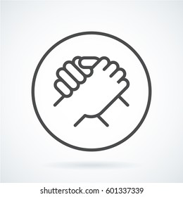 Black flat simple icon style line art. Outline symbol with stylized image of a gesture hand of a human greeting, armwrestling in circumference. Stroke vector logo mono linear pictogram graphics.