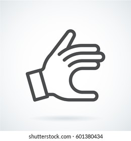 Black flat simple icon style line art. Outline symbol with stylized image of a gesture hand of a human give. Stroke vector logo mono linear pictogram web graphics. On a gray background.