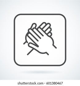 Black flat simple icon style line art. Outline symbol with stylized image of a gesture hand of a human applause, bravo in a square with rounded corners. Stroke vector logo mono linear pictogram.