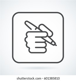 Black flat simple icon style line art. Outline symbol with stylized image of a hand of a human with a pen, as a contract or signing in a square with rounded corners. Stroke vector logo mono linear.