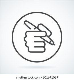 Black flat simple icon style line art. Outline symbol with stylized image of a hand of a human with a pen, as a contract or signing in circumference. Stroke vector logo mono linear pictogram.