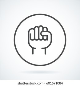 Black flat simple icon style line art. Outline symbol with stylized image of a gesture hand of a human fist to the top in circumference. Stroke vector logo mono linear pictogram web graphics.