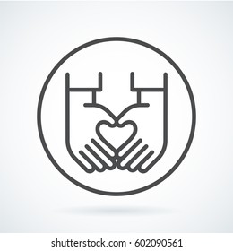 Black flat simple icon style line art. Outline symbol with stylized image of a gesture hand of a human heart in circumference. Stroke vector logo mono linear pictogram graphics. On a gray background.