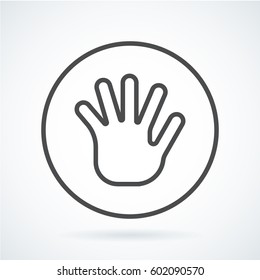 Black flat simple icon style line art. Outline symbol with stylized image of a gesture hand of a human greeting, palm and five fingers in circumference. Stroke vector logo mono linear pictogram.