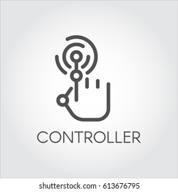 Black flat simple icon in style line art. Outline symbol with stylized image of a new technology device controller game virtual reality. Stroke vector logo VR sensor. Mono linear pictogram web.