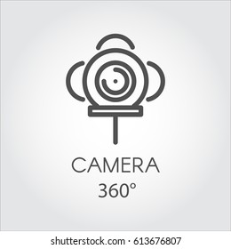 Black flat simple icon in style line art. Outline symbol with stylized image of a new 3D technology camera 360. Stroke vector logo VR Visibility three hundred and sixty degrees. Mono linear pictogram.
