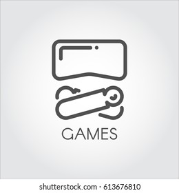 Black flat simple icon in style line art. Outline symbol with stylized image of a new technology device game virtual reality. Stroke vector logo VR helmet and controllers. Mono linear pictogram web.
