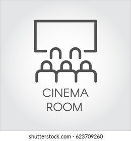 Black flat simple icon in style line art. Outline symbol with stylized image of a audience in room cinema. Stroke vector logo video presentation. Mono linear pictogram web. On a gray background.