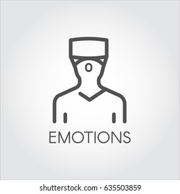 Black flat simple icon in style line art. Outline symbol with stylized image of a new technology device, man in helmet virtual reality. Stroke vector logo VR tour. Mono linear pictogram web.