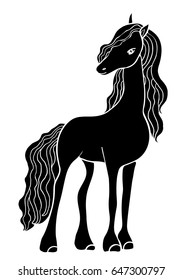 Black flat simple icon style line art. Outline symbol with stylized image  horse, pony. Kids illustration for design prints, cards and birthday invitations.