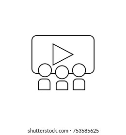 Black flat simple icon in style line art. Outline symbol with stylized image of a audience in room cinema. Stroke vector logo video presentation. Mono linear pictogram web on white background