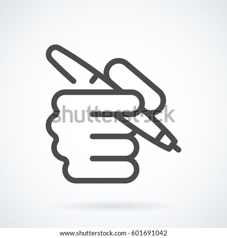 Black flat simple icon style line art. Outline symbol with stylized image of a hand of a human with a pen, as a contract or signing. Stroke vector logo mono linear pictogram. On a gray background.