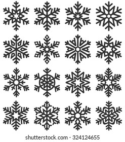 Black Flat Simple Traditional Classic Snowflakes Icons Isolated on White Background