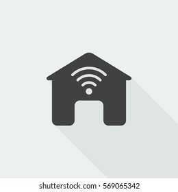 Black flat Smart Home icon with long shadow on white background