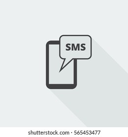 Black flat Sms icon with long shadow on white background