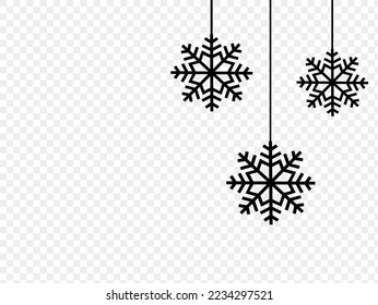 Black flat snowflakes falling  from top ,Christmas decoration isolated  on png or transparent  background, space for text, sale banner template , New Year, Birthdays, illustration vector 