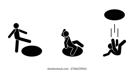 Black flat stickman set: one walks to manhole, one falls in, one falls inside. Simple icons for warnings, safety, humor, and illustrations.
