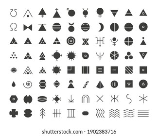 Black flat style icon set of esoteric glyphs, pictograms and symbols. Mystic and alchemy signs 