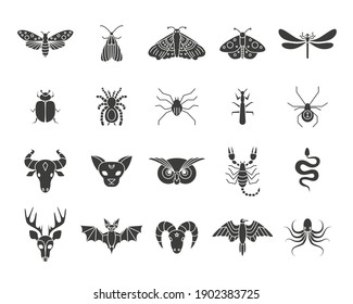 Black flat style icon set mystic animals   insects  Butterfly  moth  dragonfly  spider  beetle  scorpion  snake  owl  deer  cat  bull  aries  raven  octopus  bat