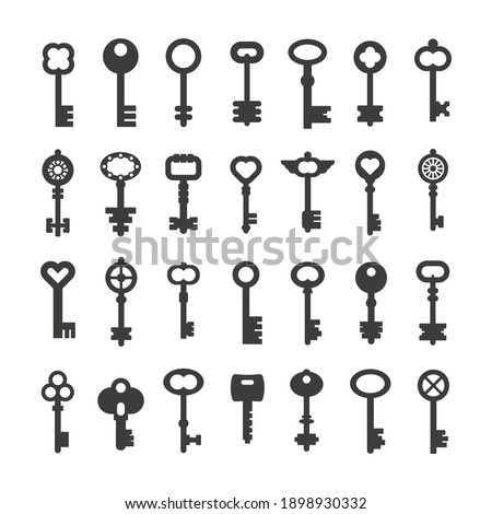 Black flat style icon set of key. Retro signs