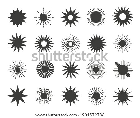 Black flat style icon set of sun. Mystic celestial signs 