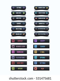 Black and Flat Style Multicolored Website Different Buttons Set, Vector Clean Web Layout Elements Collection
