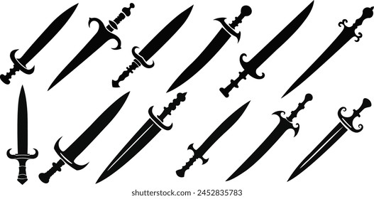 Black flat sword silhouettes set. Set of swords vector illustration.